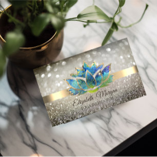 Elegant Chic Bokeh Gold,Blue Lotus Yoga  Business Card