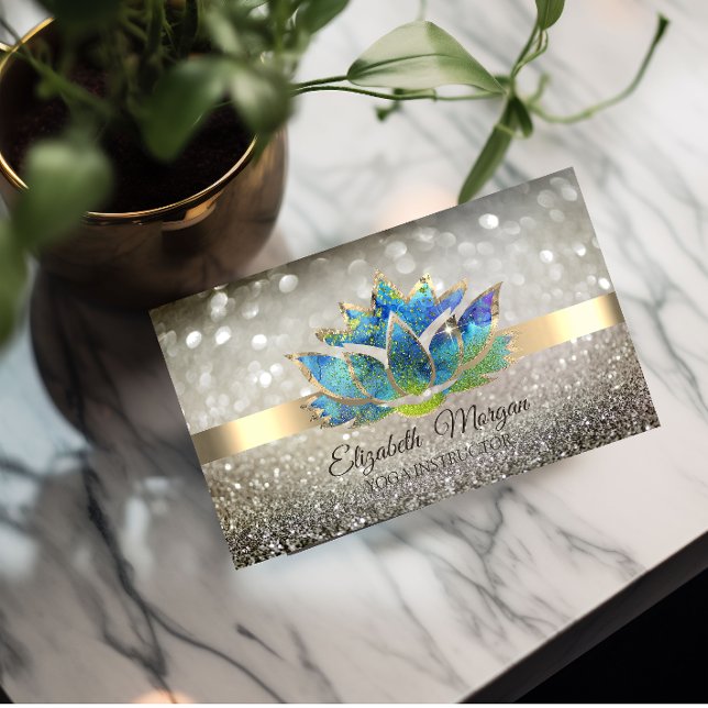 Elegant Chic Bokeh Gold,Blue Lotus Yoga  Business Card (Creator Uploaded)