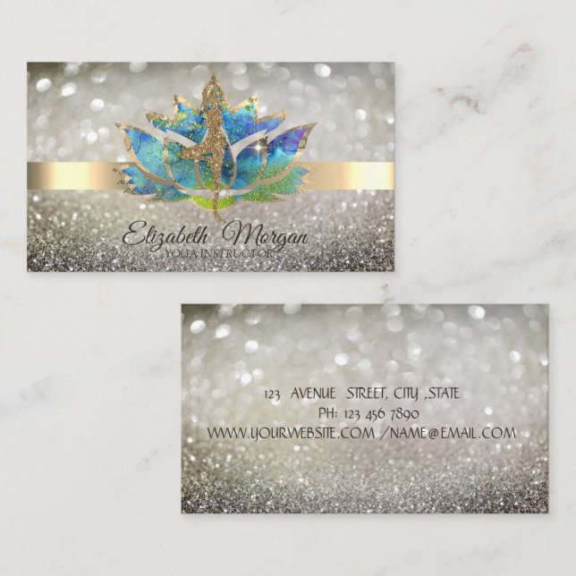 Elegant Chic Bokeh Gold,Blue Lotus Yoga Girl Business Card (Front/Back)