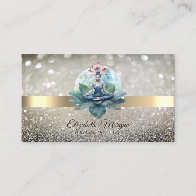 Elegant Chic Bokeh Lotus Yoga Girl Business Card (Front)