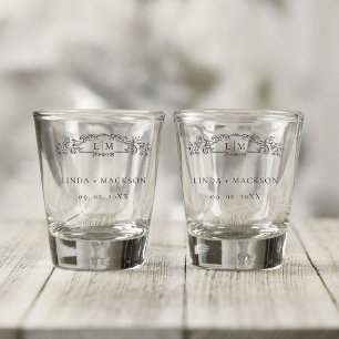 Elegant & Chic botanical crest monogram wedding Shot Glass