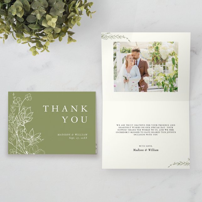 Elegant Chic Botanical Moss Green Photo Wedding Thank You Card (Creator Uploaded)