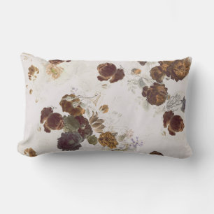 Elegant Chic Brown Beige Roses Floral Toile  Lumbar Cushion