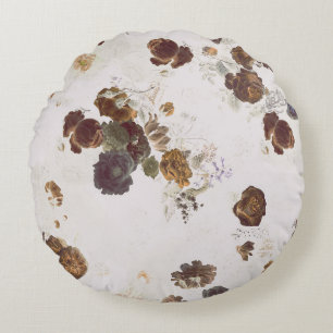 Elegant Chic Brown Beige Roses Floral Toile Round Cushion