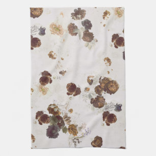 Elegant Chic Brown Beige Roses Floral Toile  Tea Towel