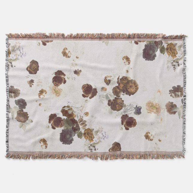 Elegant Chic Brown Beige Roses Floral Toile Throw Blanket (Front)