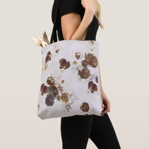 Elegant Chic Brown Beige Roses Floral Toile  Tote Bag