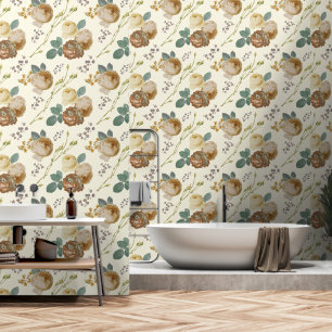 Elegant Chic Brown Beige Roses Floral Toile Wallpaper