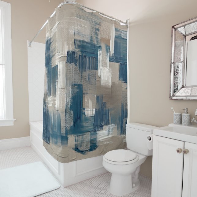 Elegant Chic Brown Dark Blue Brushstrokes Artistic Shower Curtain (In Situ)