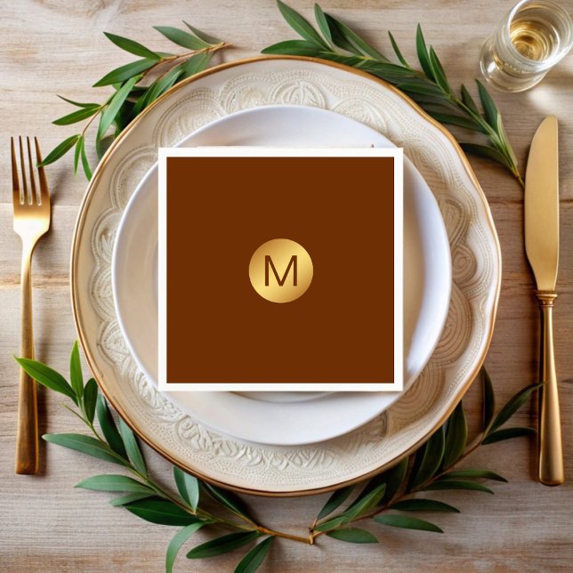 Elegant Chic Brown & Gold Monogram Initial Name Napkin (Creator Uploaded)