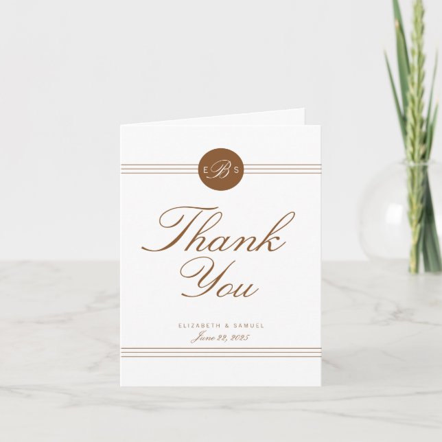 Elegant Chic Brown White Monogram Thank You Card (Front)