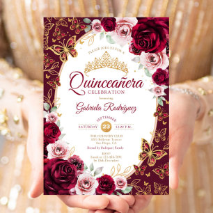 Elegant Chic Burgundy Gold Floral Quinceanera Invitation