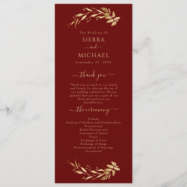 Elegant Chic Burgundy Gold Foliage Wedding Program (Front)