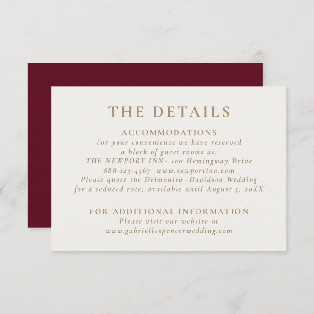 Elegant Chic Burgundy Gold Wedding Details Enclosure Card (Front/Back)