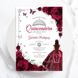 Elegant Chic Burgundy Roses Floral Quinceanera Invitation