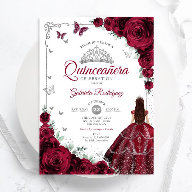 Elegant Chic Burgundy Roses Floral Quinceanera Invitation (Creator Uploaded)