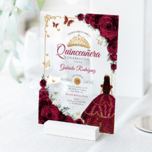 Elegant Chic Burgundy Roses Gold Quinceanera Acrylic Invitations