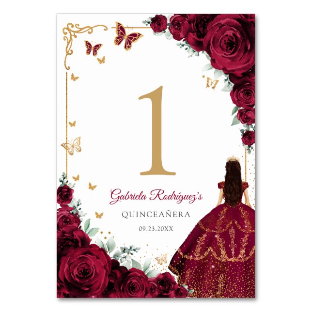 Elegant Chic Burgundy Roses Gold Quinceanera Table Number (Front)
