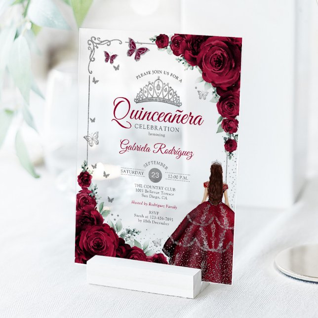 Elegant Chic Burgundy Roses Silver Quinceanera  Acrylic Invitations (Creator Uploaded)
