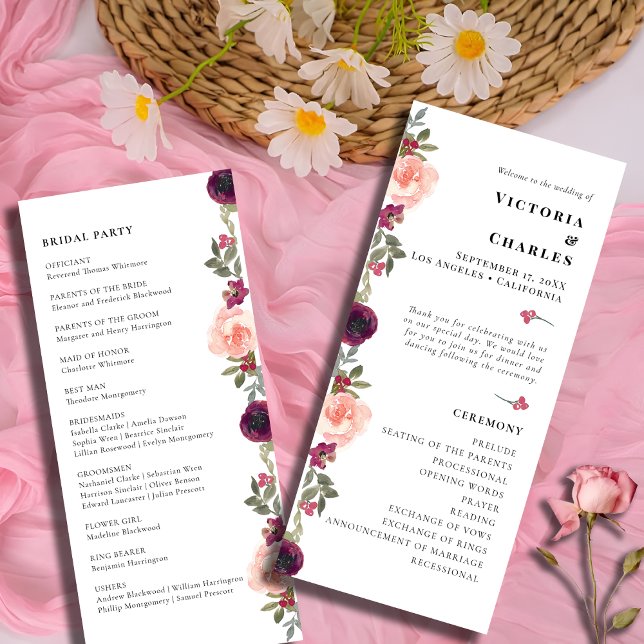 Elegant Chic Burgundy Watercolor Floral Wedding Program (Creator Uploaded)