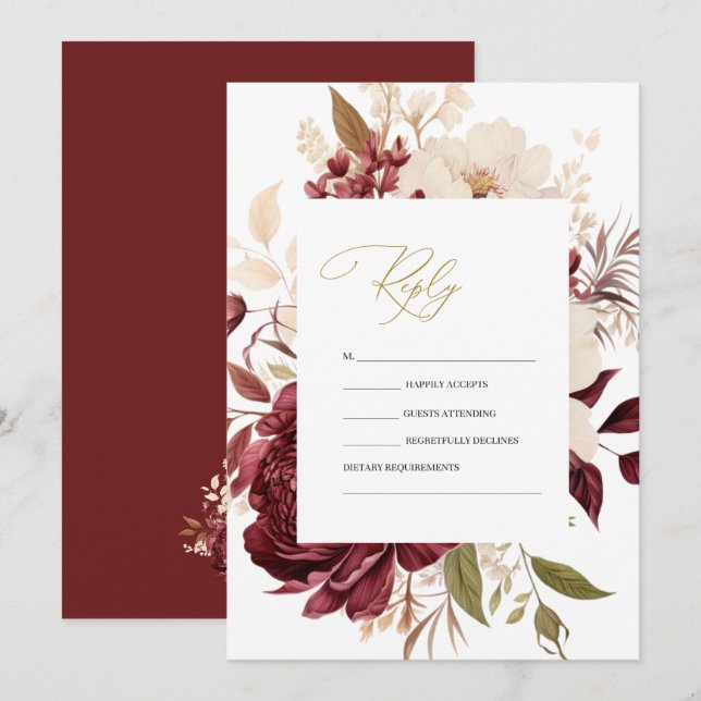 Elegant Chic Burgundy White Flowers RSVP   Invitation (Front/Back)