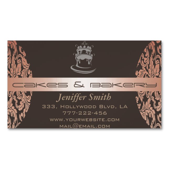 Elegant chic cakes & bakery modern damask 	Magnetic business card (Front)