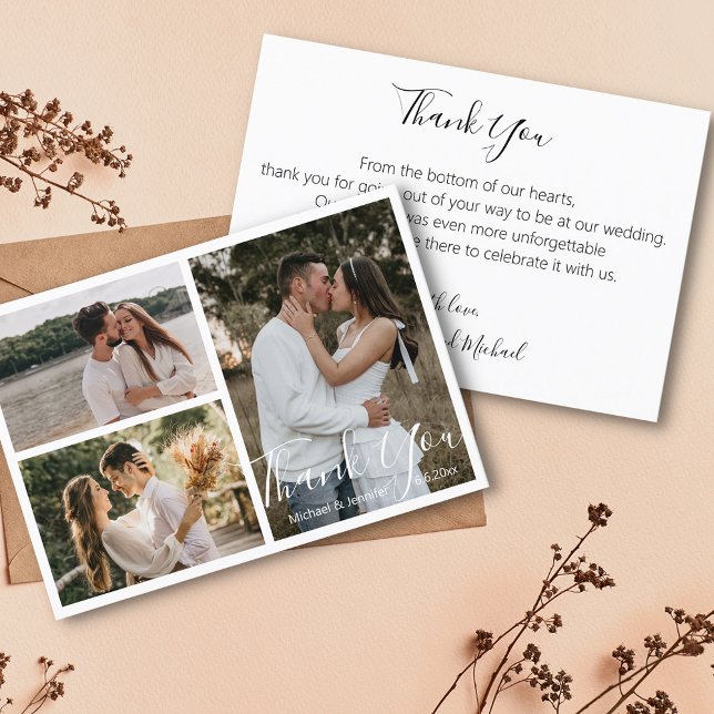 elegant chic  calligraphy wedding 3 photos collage thank you card (Creator Uploaded)