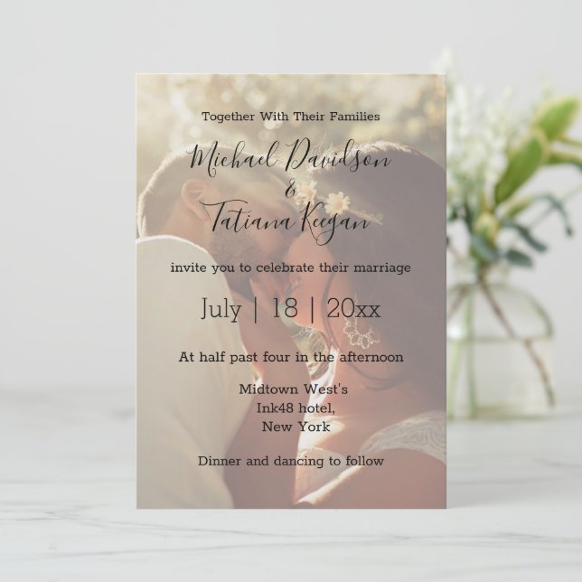 elegant chic calligraphy wedding photo invitation (Standing Front)