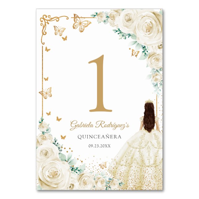 Elegant Chic Champagne Ivory Gold Quinceanera Table Number (Front)