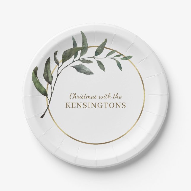 Elegant Chic Christmas Gold Foil Greenery Paper Plate (Front)