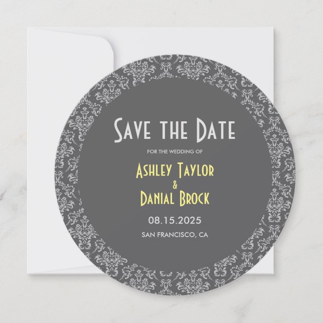 Elegant Chic Damask Art Deco Grey Formal Wedding Save The Date (Front)