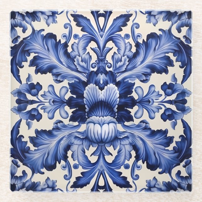 Elegant Chic Delftware Blue Flower  Glass Coaster (Front)