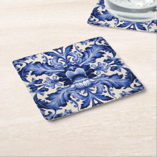Elegant Chic Delftware Blue Flower Square Paper Coaster