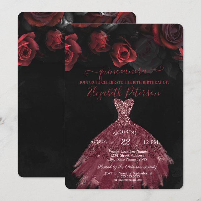 Elegant Chic Dress Red Roses Quinceañera Invitation (Front/Back)