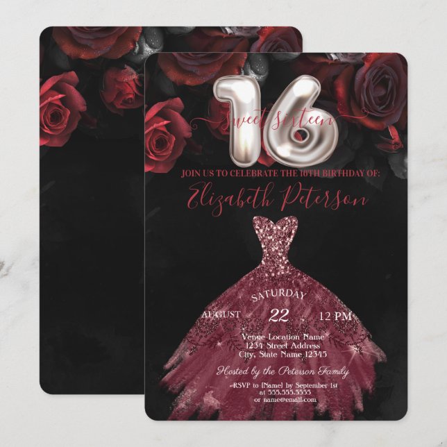 Elegant Chic Dress Red Roses Sweet 16 Party  Invitation (Front/Back)