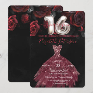 Elegant Chic Dress Red Roses Sweet 16 Party  Invitation