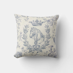 Elegant Chic Dusty Blue Equestrian Floral Toile Cushion