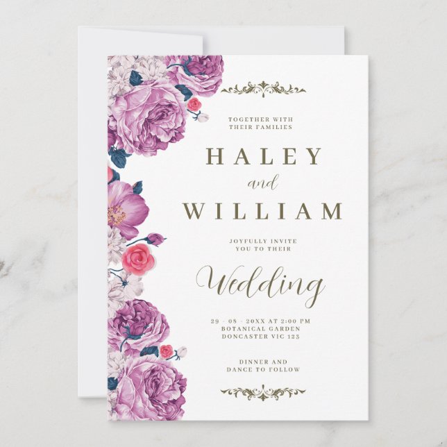 Elegant Chic Dusty purple Floral Wedding Invitation (Front)