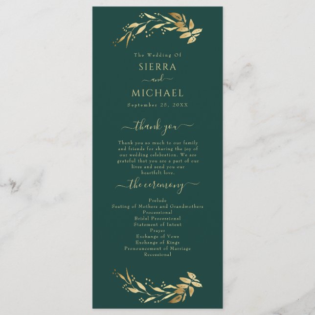 Elegant Chic Emerald Green Gold Foliage Wedding Program (Front)