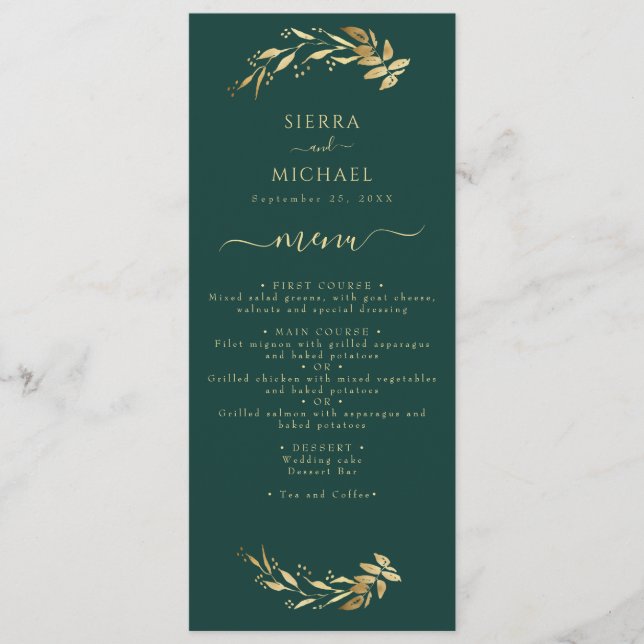 Elegant Chic Emerald Green Gold Wedding Reception Menu (Front)