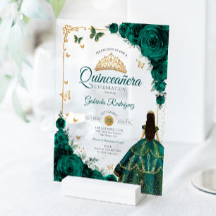 Elegant Chic Emerald Green Roses Gold Quinceanera Acrylic Invitations
