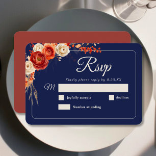 Elegant chic fall orange navy floral wedding RSVP card