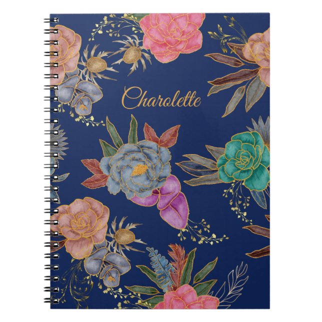 Elegant Chic Fancy Gold Foil Floral Pattern Design Notebook (Front)