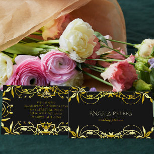 Elegant Chic Fancy Gold Ornate Frame On Black Business Card