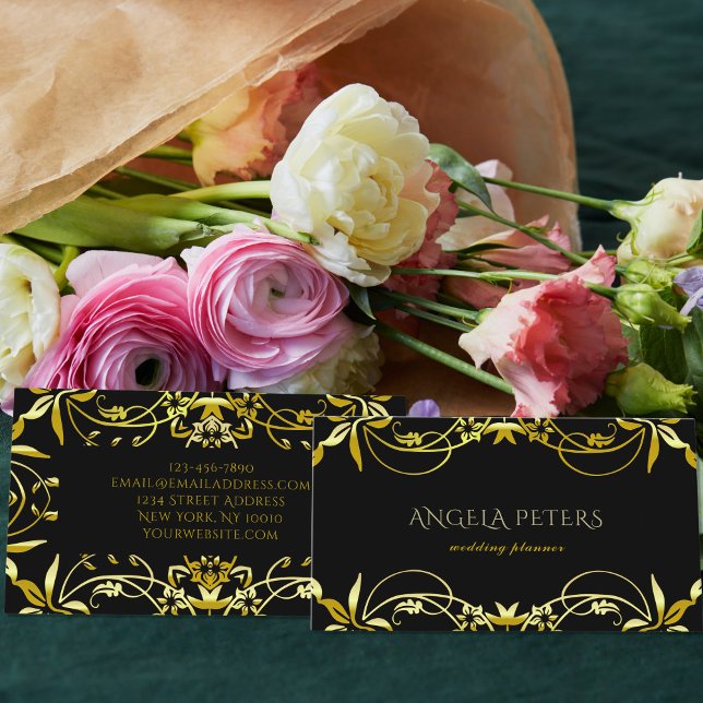 Elegant Chic Fancy Gold Ornate Frame On Black Business Card (Creator Uploaded)