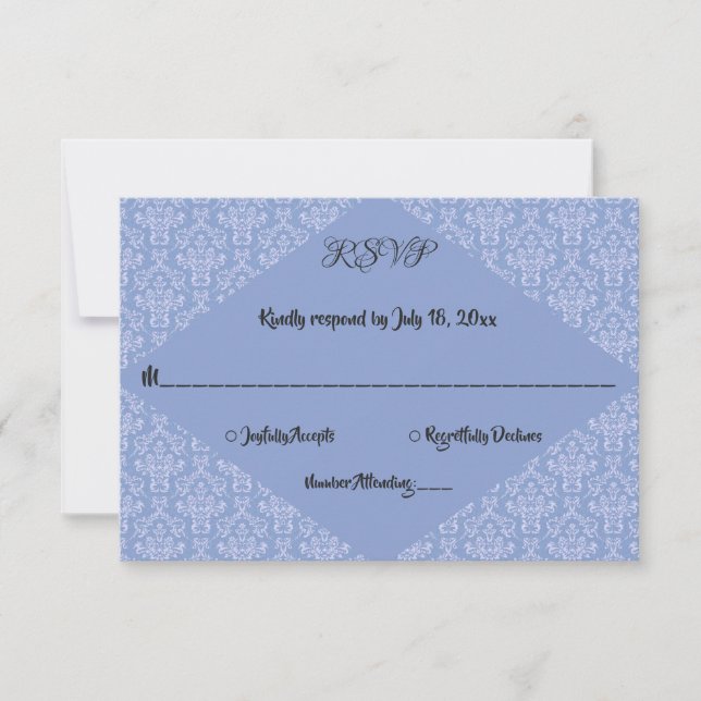 Elegant Chic Fancy Navy Blue Damask Formal Wedding RSVP Card (Front)