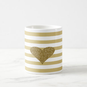 Elegant Chic  Faux Gold Glittery  Heart On Stripes Coffee Mug