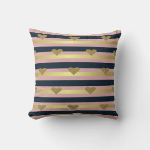 Elegant Chic  Faux Gold Glittery Hearts On Stripes Cushion
