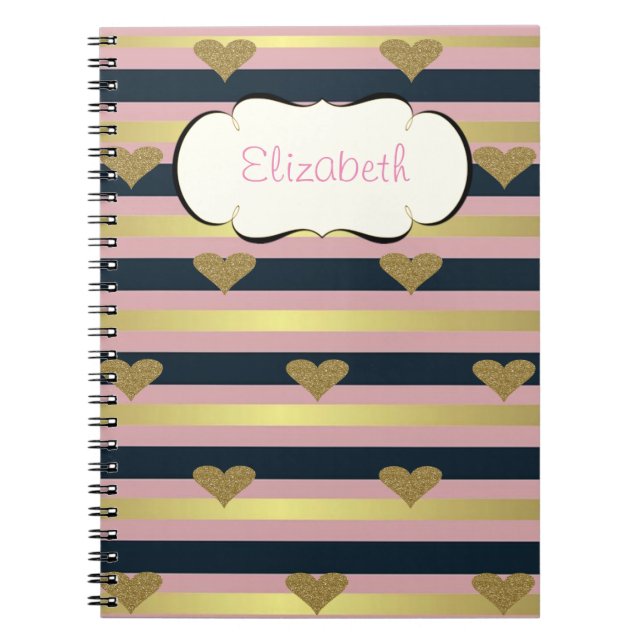 Elegant Chic  Faux Gold Glittery Hearts On Stripes Notebook (Front)