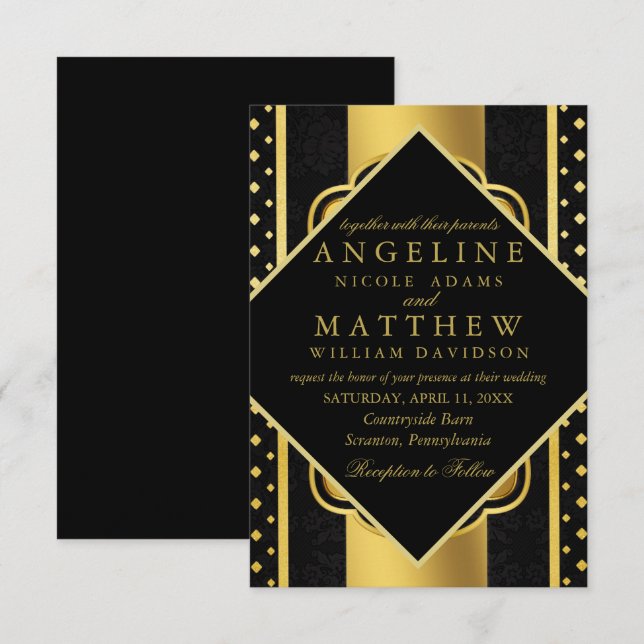 Elegant chic faux gold white modern Gatsby Wedding Invitation (Front/Back)